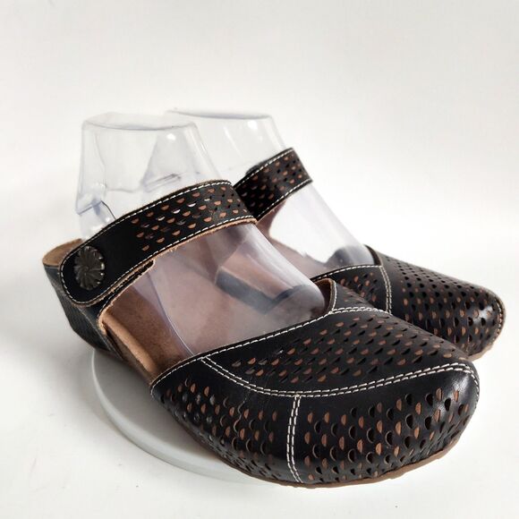 L'Artiste Clogs Mary Janes Size 8.5 / 39 Perforated Black Slip On Leather Boho - Picture 2 of 11